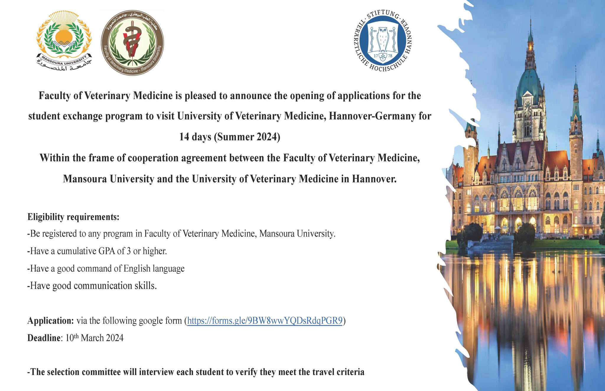 The opening of application for the student exchange progaram to visit university of Veterinary Medicine, Hannover Germany 